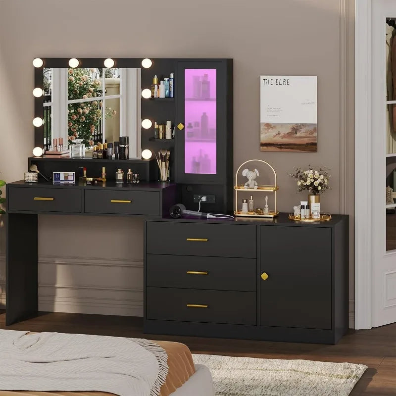 Makeup Vanity with Lights Vanity Desk with Mirror, Large Vanity Table Set with Drawer Dresser, Charging Station & RGB Cabinets