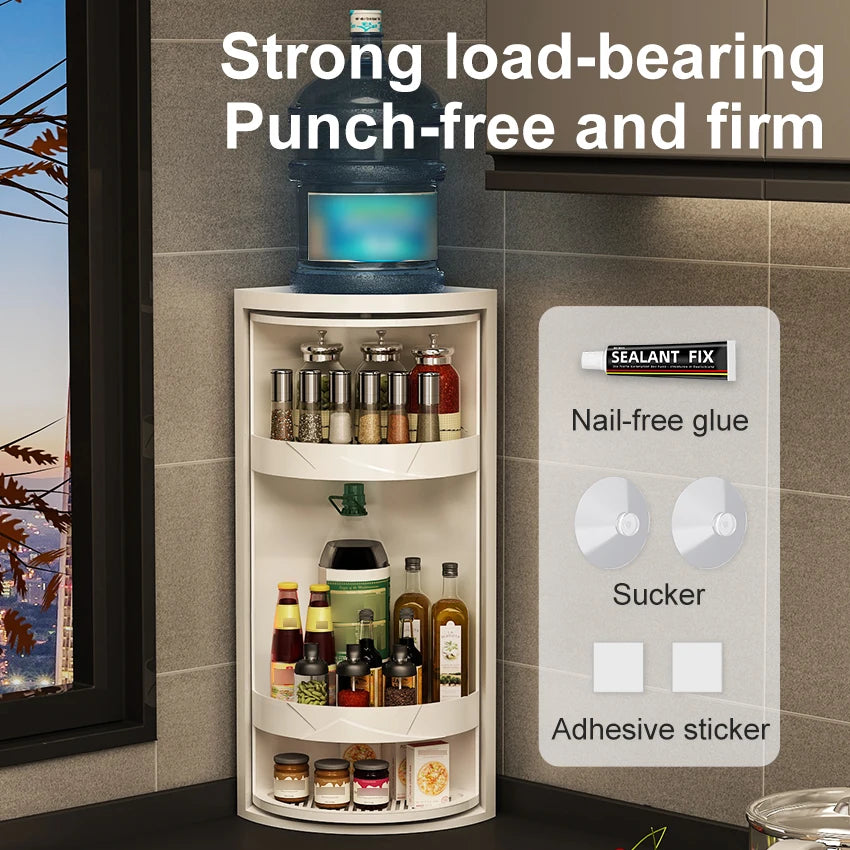 Kitchen Rotating Storage Rack Corner Shelf 360° Rotateable Household Layered Adjustable Shelf Organizer Spice Cans Bottle Holder