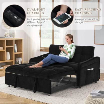 3 in 1 Sleeper Sofa Couch Bed with USB & Type C Port, 52" Small Modern Convertible Tufted Velvet Loveseat Sofa w/Pull Out Bed