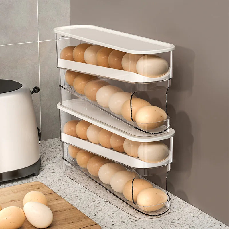 Caja de almacenamiento de huevos de dos niveles para refrigerador, soporte para huevos con desplazamiento automático, organización de cocina de gran capacidad para el hogar, huevo enrollable