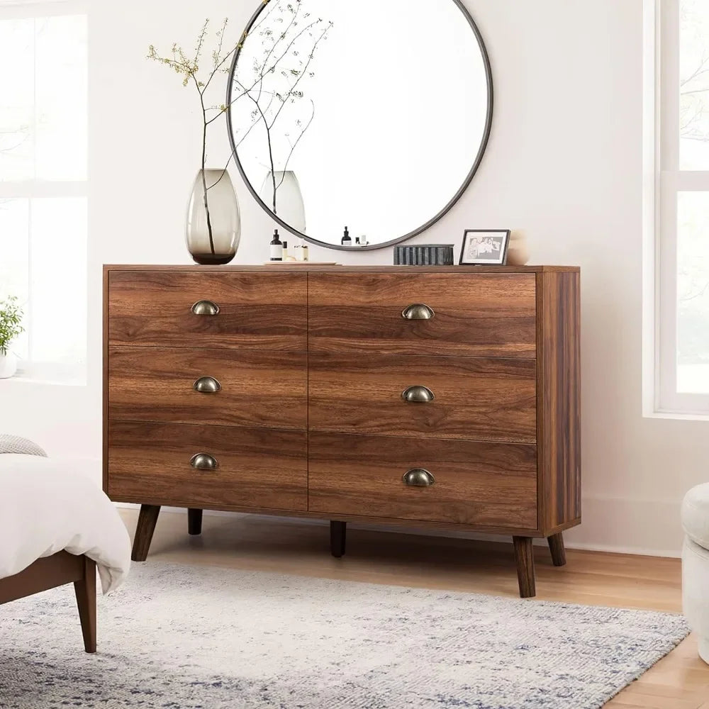 6 Drawer Dresser with Metal Handle for Bedroom, Mid-Century, Walnut Wood Dresser Chest of Drawers, Storage Cabinet