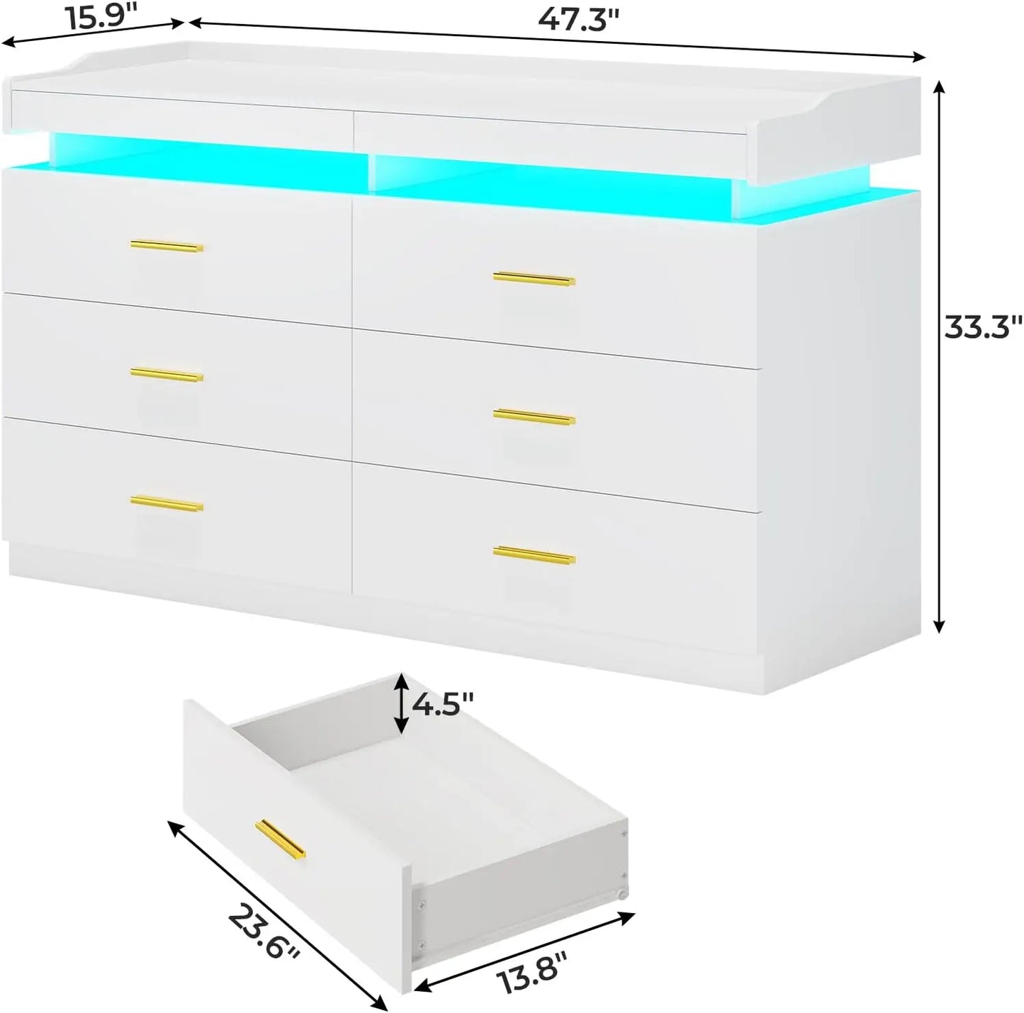 LED Dresser for Bedroom Wood, 6 Drawer with 2 Pull-Out Trays, Chest of Drawers for Bedroom, Modern Wide Dresser for  Living Room