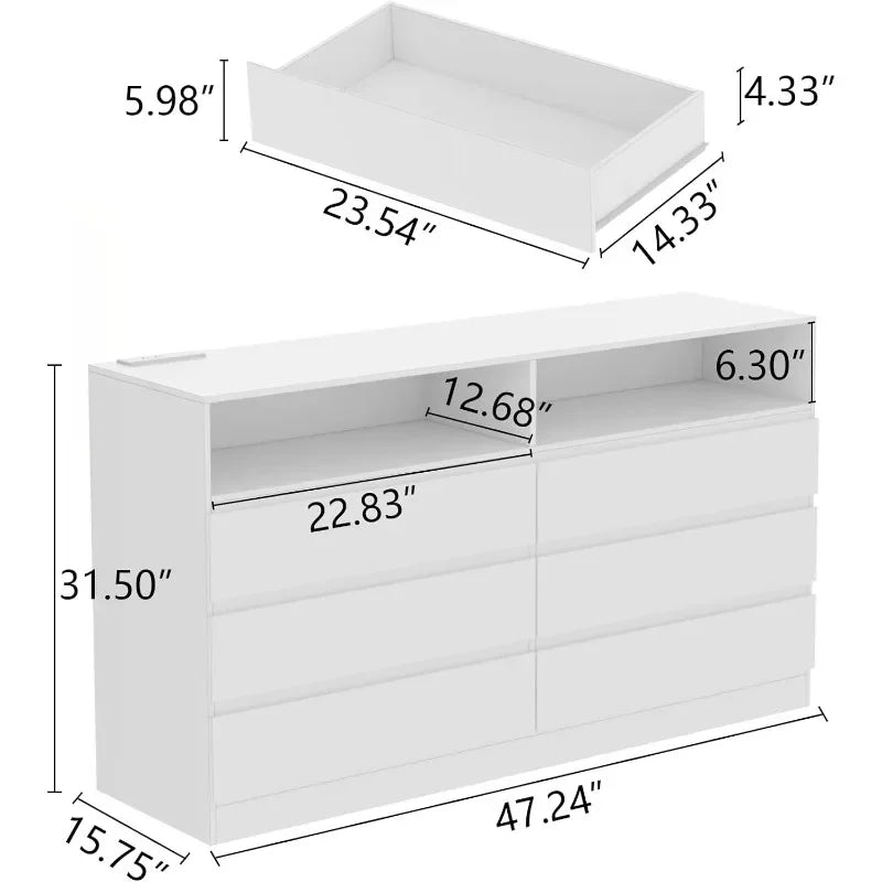 6 Drawer Double Dresser with Power Outlet, Accent Chests of Drawers with LED Light, Modern White Storage Dresser