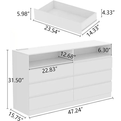 6 Drawer Double Dresser with Power Outlet, Accent Chests of Drawers with LED Light, Modern White Storage Dresser