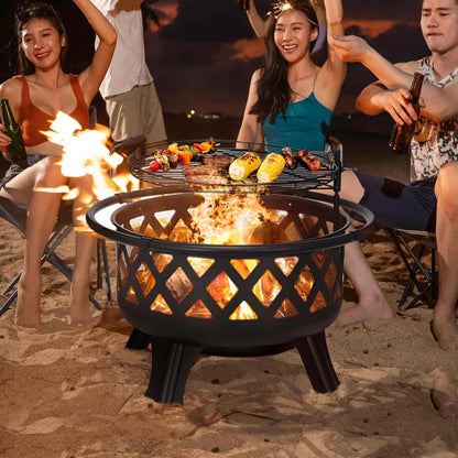 30 inch Fire Pits with Swivel BBQ Grill Outdoor Wood Burning Firepits Large Steel Firepit Bowl for Patio Backyard Garden Picnic