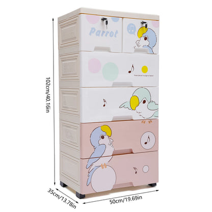 Modern Rolling Parrot Plastic Dresser Storage Cabinet 5 Layers 6 Drawer Bedroom Furniture Home Organizer for Clothes with Lock