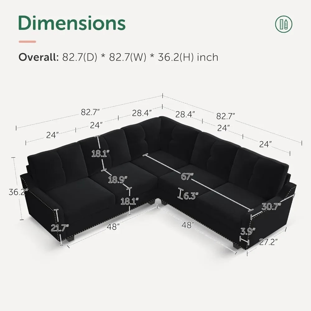 Convertible Sectional Sofa Velvet L Shaped Couch Reversible 4 Seat Corner Sofas for Small Apartment,Velvet Black Sofa