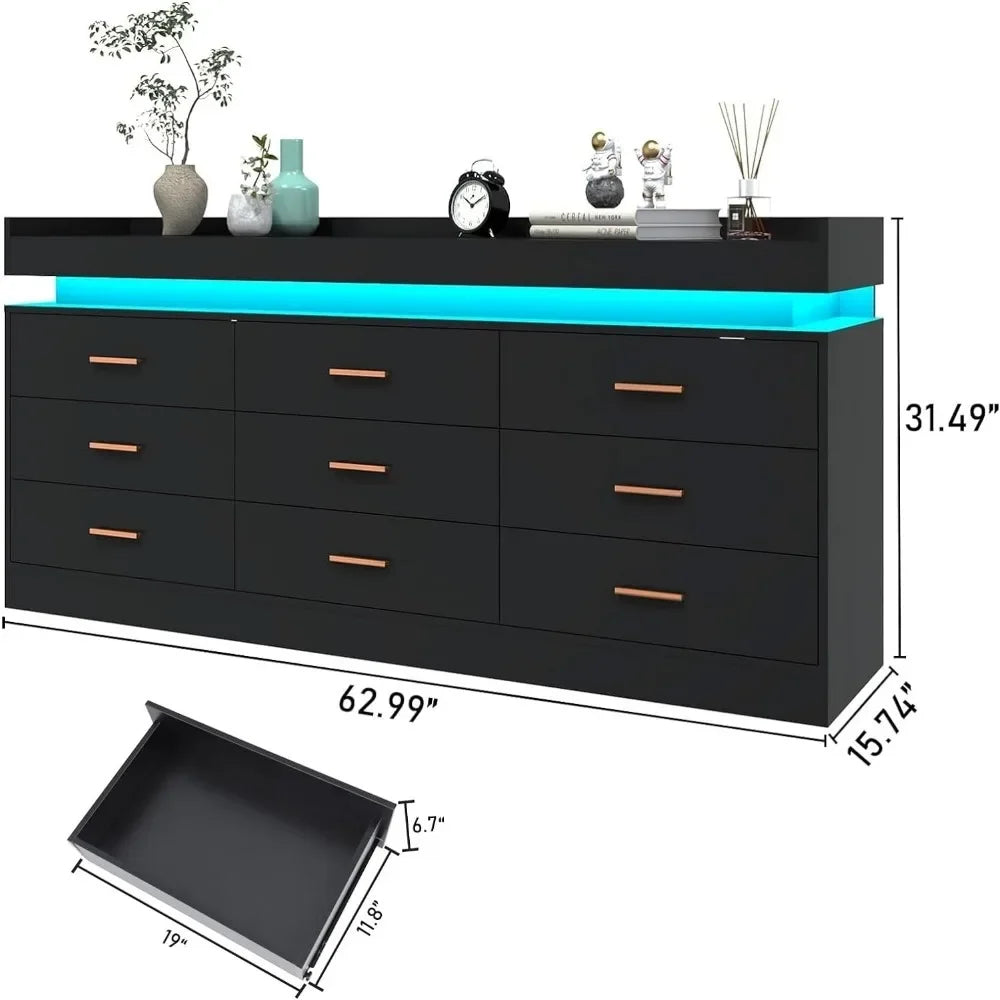 Modern Dresser 9 Drawer with LED Light,Wide Drawer Organizer Cabinet for Bedroom Living Room Chest  for Closet of Wood Drawers