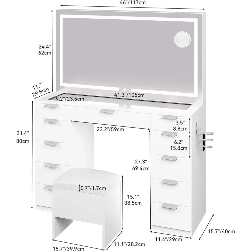 Make Up Table 46'' Large Makeup Vanity With Storage Bench Vanity Desk Set Home Furniture for Bedroom Dresser Furnitures Dressers