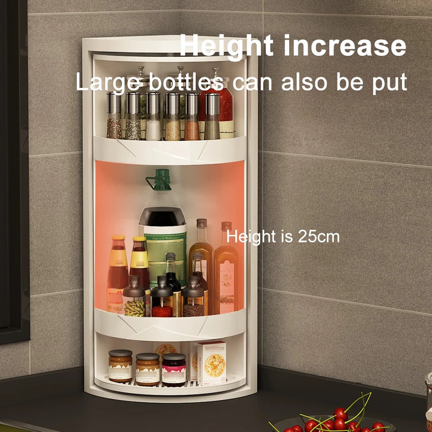 Kitchen Rotating Storage Rack Corner Shelf 360° Rotateable Household Layered Adjustable Shelf Organizer Spice Cans Bottle Holder