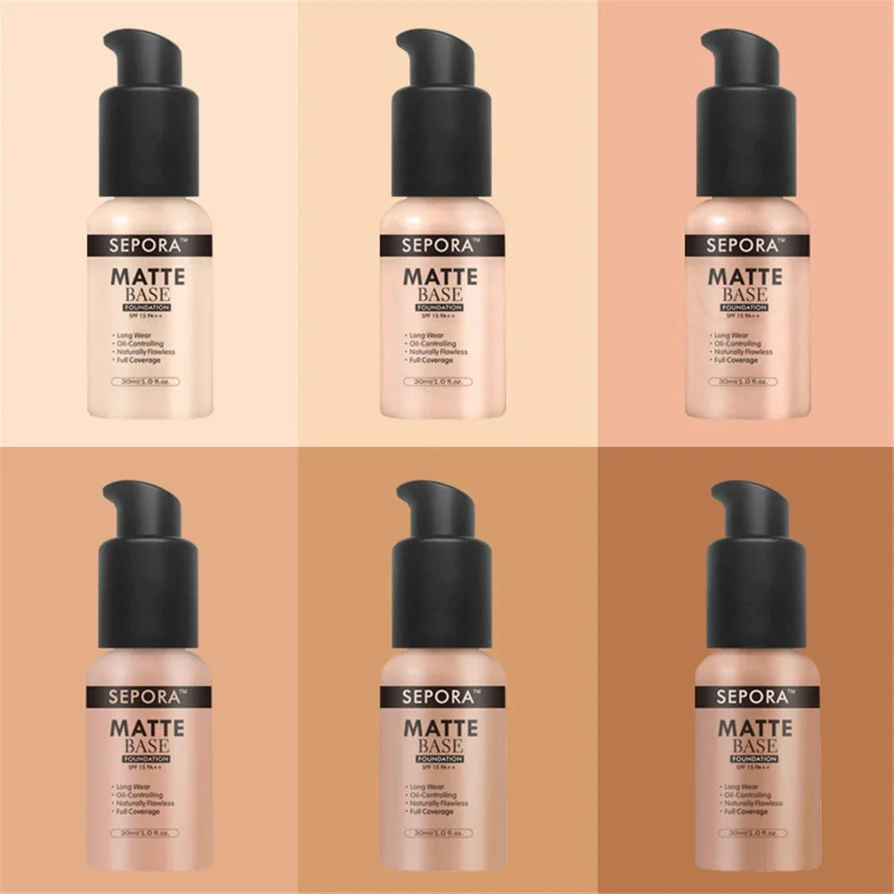 30ml Matte Liquid Foundation 6 Colors Oil Control Waterproof Full Coverage Facial Natural Concealer Base Makeup Cosmetics