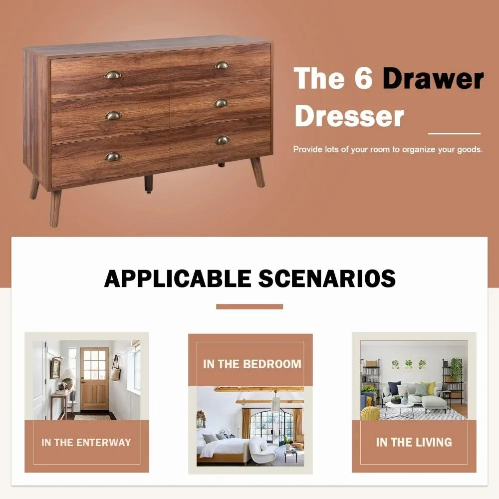 6 Drawer Dresser with Metal Handle for Bedroom, Mid-Century, Walnut Wood Dresser Chest of Drawers, Storage Cabinet