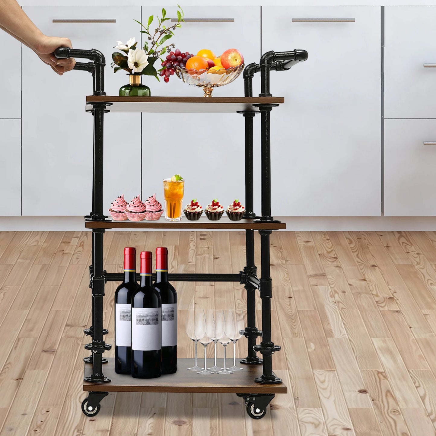 CNCEST3-Tier Industrial Rolling Bar Cart BeverageCart Bar Shelves for Liquor Bottles Wine Rack Carts on Wheels with StorageCarts