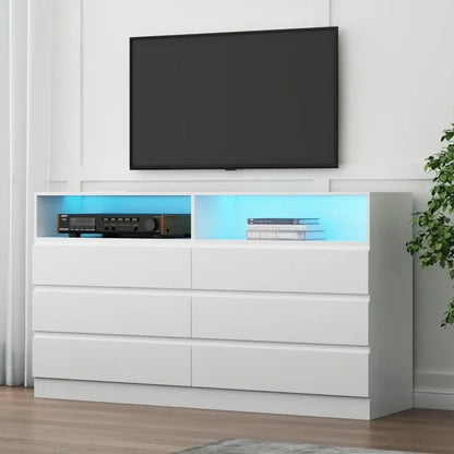 6 Drawer Double Dresser with Power Outlet, Accent Chests of Drawers with LED Light, Modern White Storage Dresser