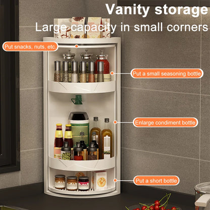 Kitchen Rotating Storage Rack Corner Shelf 360° Rotateable Household Layered Adjustable Shelf Organizer Spice Cans Bottle Holder