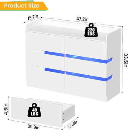 White Dresser with LED Lights & Charging Station Dressers & Chests of Drawers for Bedroom Ample Storage Space with 6 Drawers