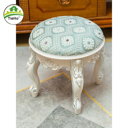 European Style Fabric Low Stool For Hallway Living Room Changing Round Ottoman Bedroom Retro Dressing Chair Seat Home Furniture