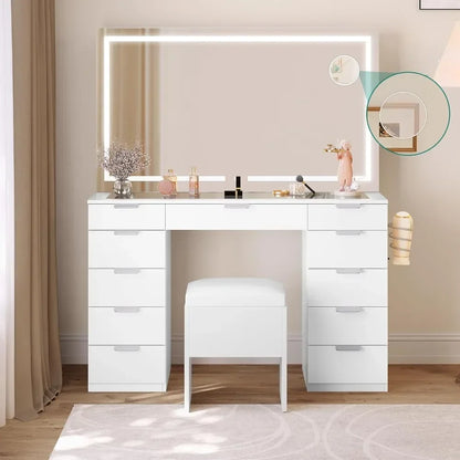 Make Up Table 46'' Large Makeup Vanity With Storage Bench Vanity Desk Set Home Furniture for Bedroom Dresser Furnitures Dressers