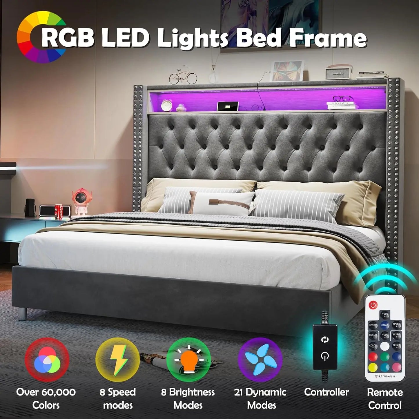 LED Queen Size Bed Frame and Headboard with Charging Station Velvet Upholstered Platform Bed No Box Spring Needed