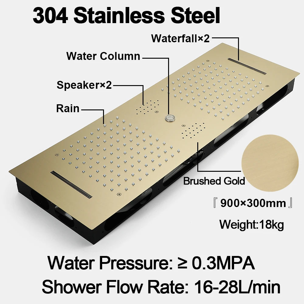 Cabezal de ducha dorado grande para coqueteo de parejas, Panel de ducha negro multifuncional inteligente para baño, accesorios de baño de acero inoxidable