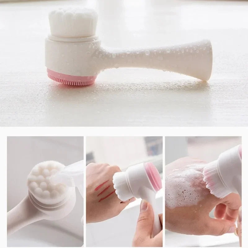 3D double silicone facial cleansing brush manual massage facial brush soft bristles exfoliator double sided face wash brush