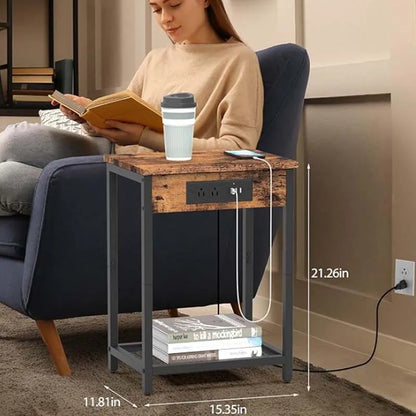 Nightstand with Charging Station Bedroom End Side Table with USB Ports  outlets Modern Record Player Stand 2-Tier Bedside Table