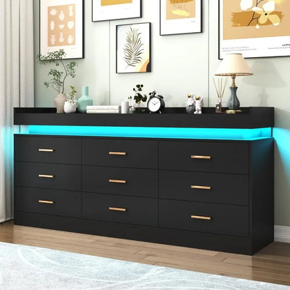 Modern Dresser 9 Drawer with LED Light,Wide Drawer Organizer Cabinet for Bedroom Living Room Chest  for Closet of Wood Drawers