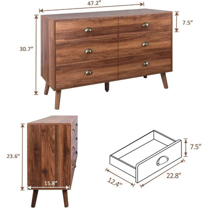 6 Drawer Dresser with Metal Handle for Bedroom, Mid-Century, Walnut Wood Dresser Chest of Drawers, Storage Cabinet