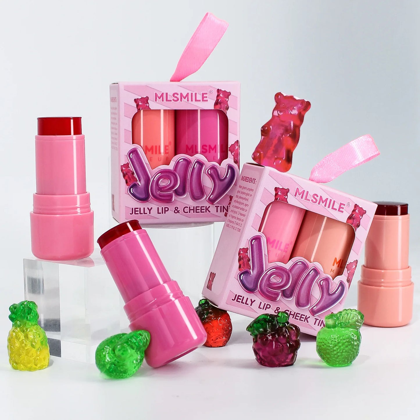 2 PCS Jelly Powder Blusher 2in1 Blush and Lip Rouge Stick Jelly Tint Hydrating Long-Lasting Coloring Vibrant