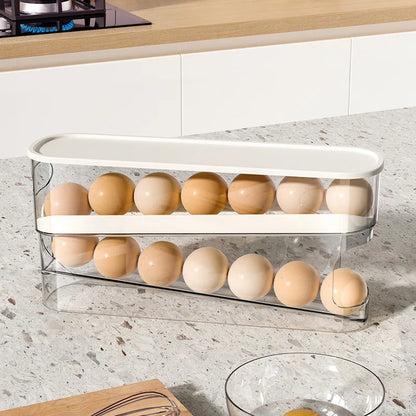 Caja de almacenamiento de huevos de dos niveles para refrigerador, soporte para huevos con desplazamiento automático, organización de cocina de gran capacidad para el hogar, huevo enrollable