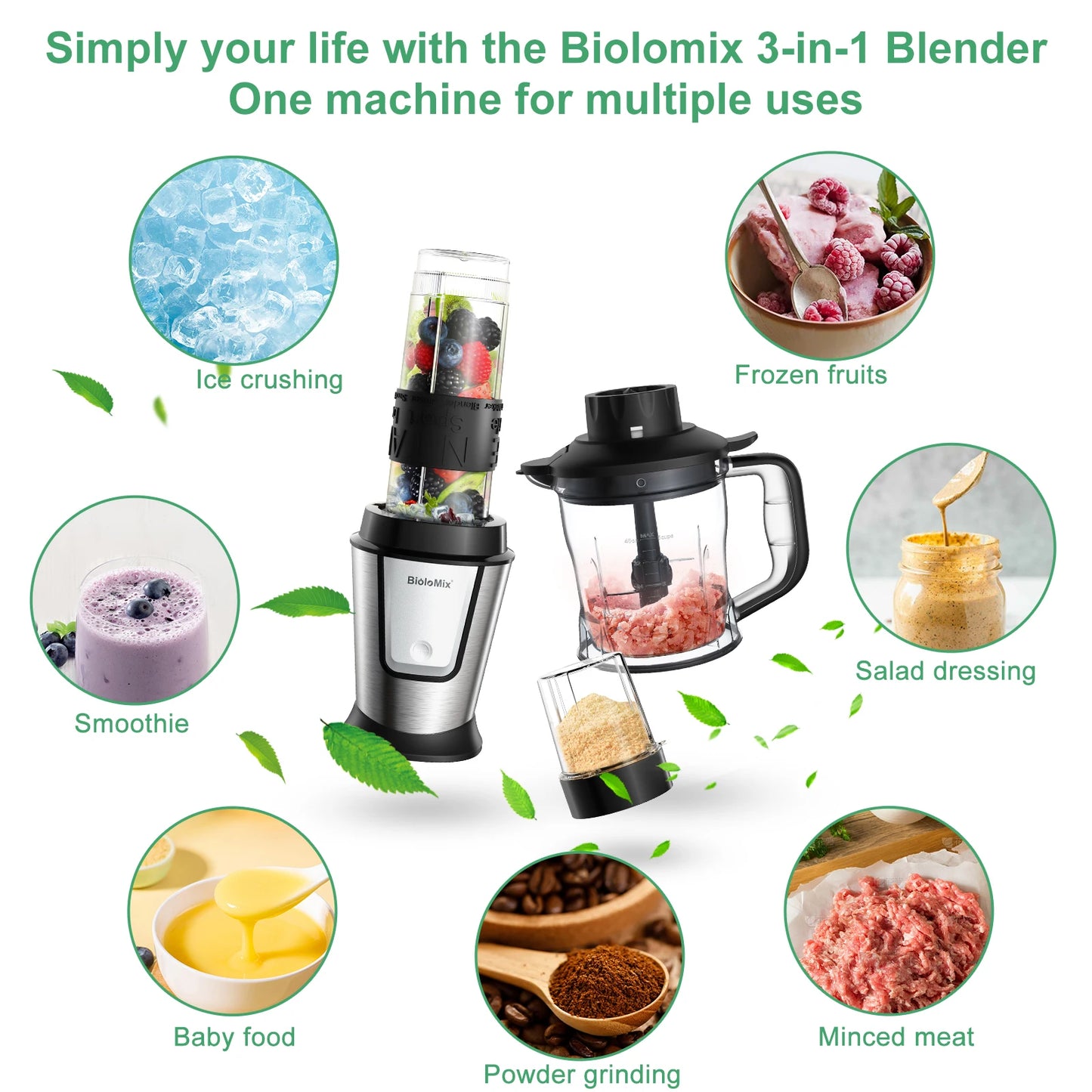 BioloMix 3-en-1 robot culinaire multifonctionnel 700W presse-agrumes Portable mélangeur personnel Smoothie mélangeur hachoir alimentaire et broyeur sec