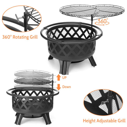 30 inch Fire Pits with Swivel BBQ Grill Outdoor Wood Burning Firepits Large Steel Firepit Bowl for Patio Backyard Garden Picnic