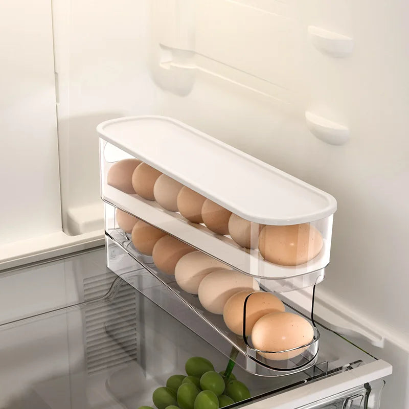 Caja de almacenamiento de huevos de dos niveles para refrigerador, soporte para huevos con desplazamiento automático, organización de cocina de gran capacidad para el hogar, huevo enrollable