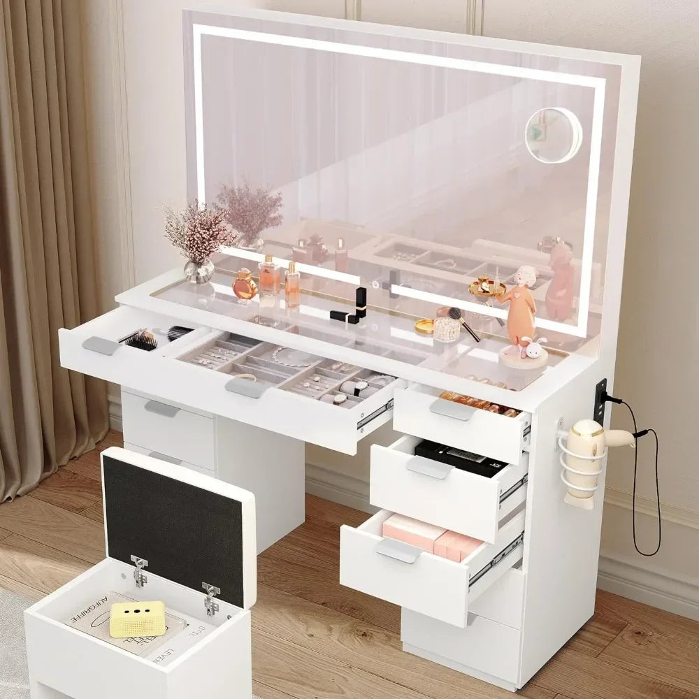 Make Up Table 46'' Large Makeup Vanity With Storage Bench Vanity Desk Set Home Furniture for Bedroom Dresser Furnitures Dressers