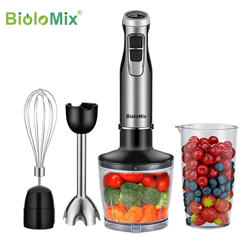 BioloMix Batidora de mano de inmersión de alta potencia 4 en 1 de 1200 W, incluye picadora y vaso para batidos, cuchillas para hielo de acero inoxidable